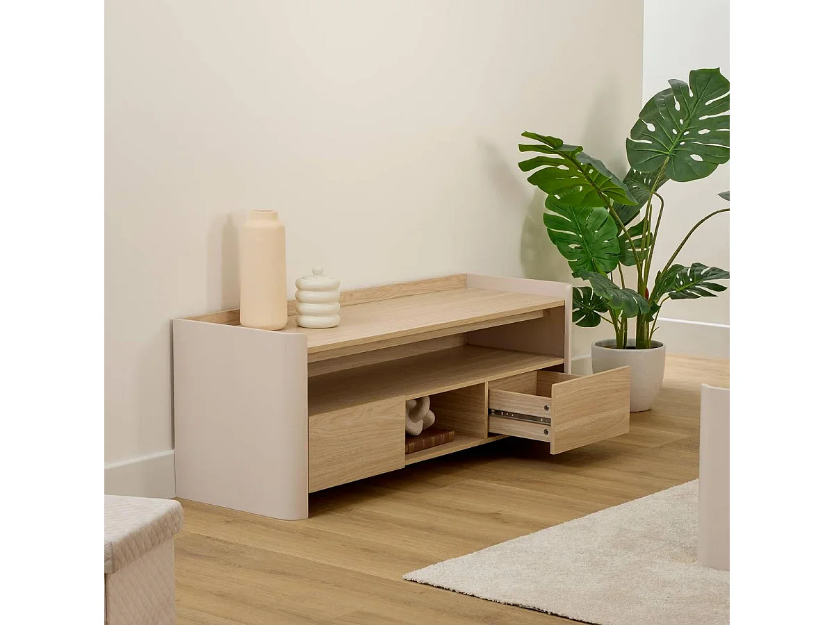 Meuble TV 2 Tiroirs "Roundy" 120cm Beige