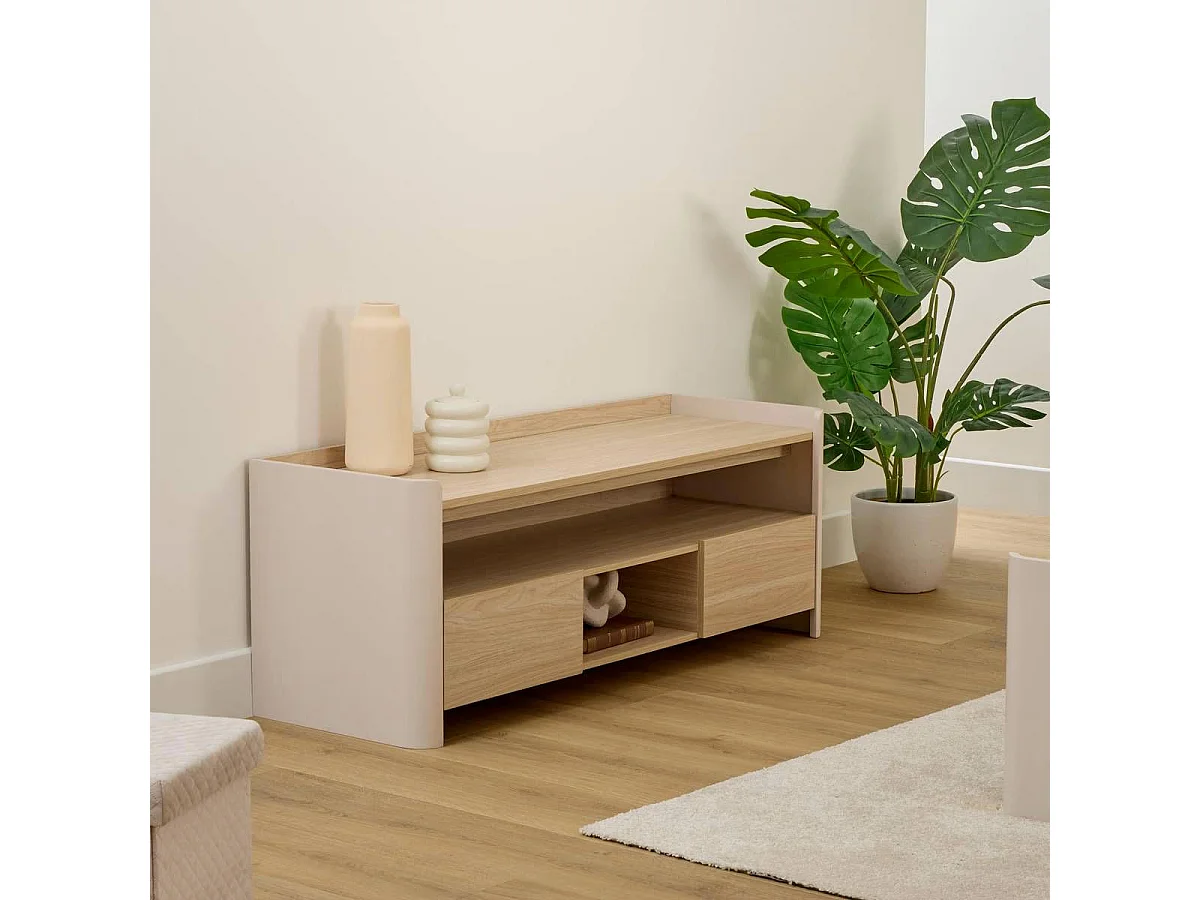 Meuble TV 2 Tiroirs "Roundy" 120cm Beige
