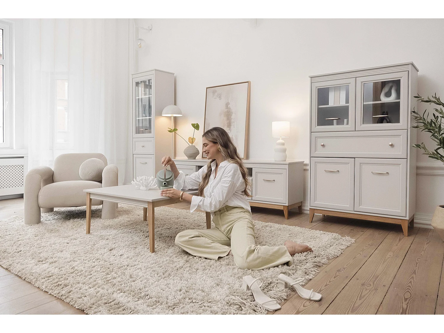 AX LIVING TV Lowboard Nymphen Cashmere 1 Schublade 2 Türen MDF Eiche Beine