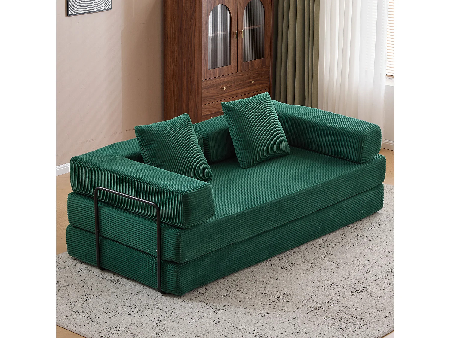 Canapé 2 places - velours côtelé - modulable - convertible - 195x95x60 cm - vert foncé