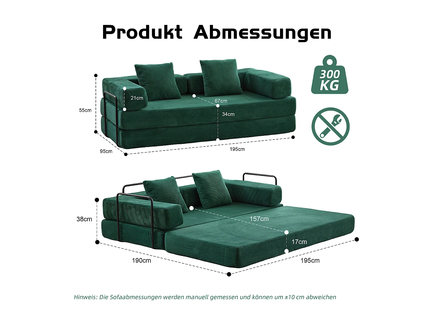 Canapé 2 places - velours côtelé - modulable - convertible - 195x95x60 cm - vert foncé