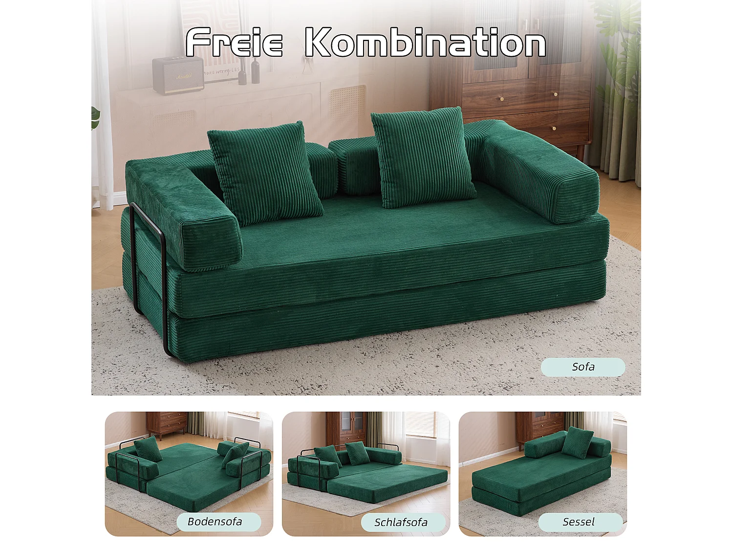 Canapé 2 places - velours côtelé - modulable - convertible - 195x95x60 cm - vert foncé