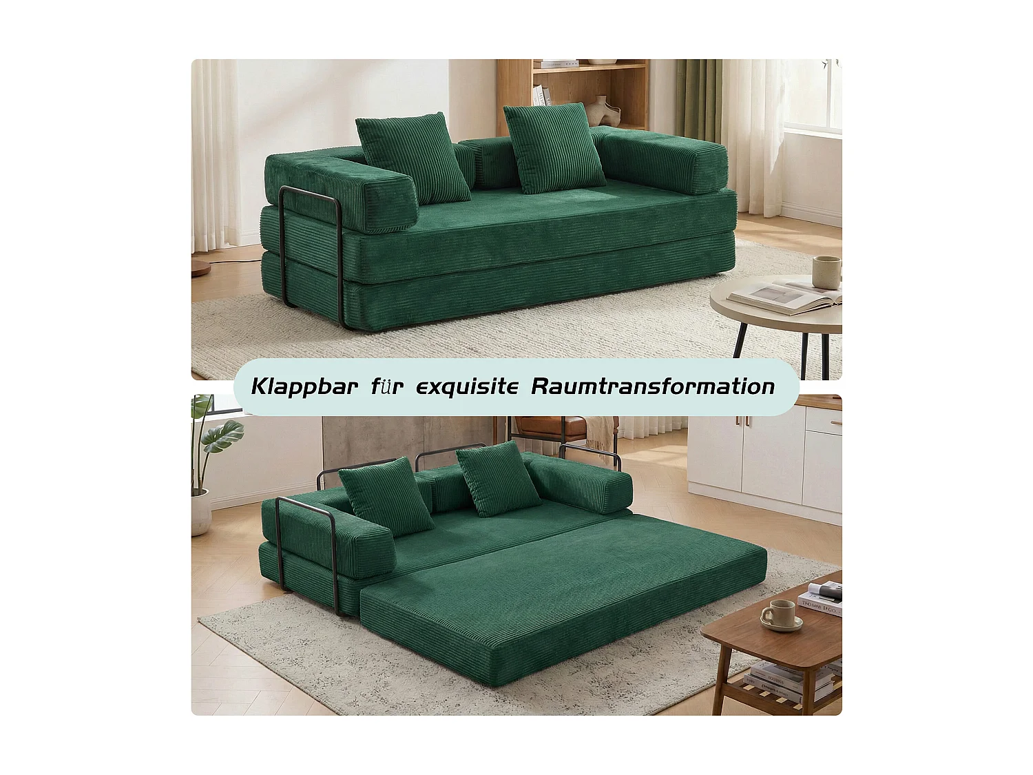 Canapé 2 places - velours côtelé - modulable - convertible - 195x95x60 cm - vert foncé