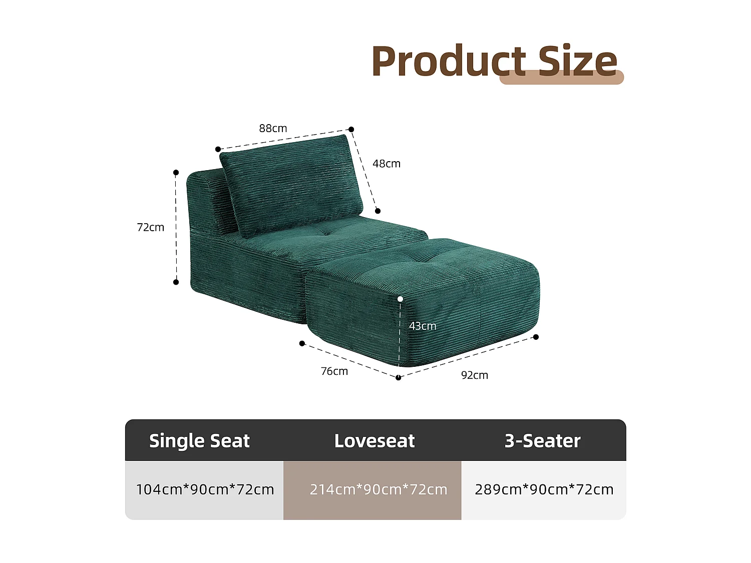 Canapé 1 place - velours côtelé - modulaire - convertible - 92x180x72 cm - vert