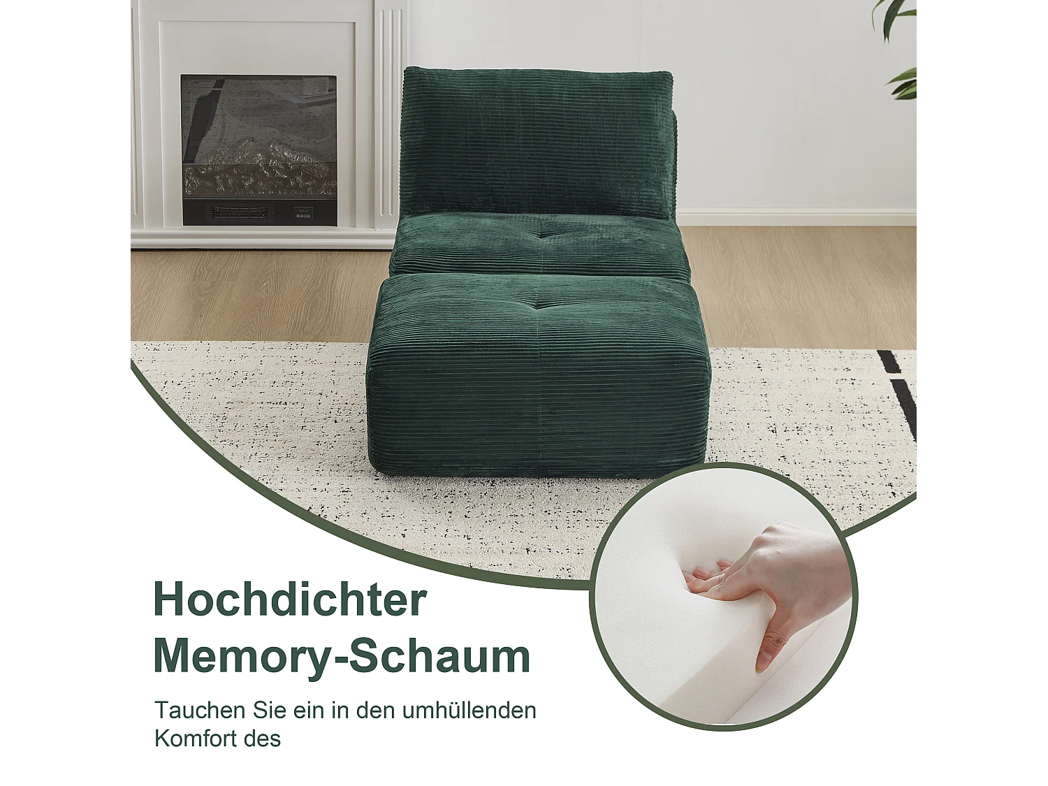Canapé 1 place - velours côtelé - modulaire - convertible - 92x180x72 cm - vert
