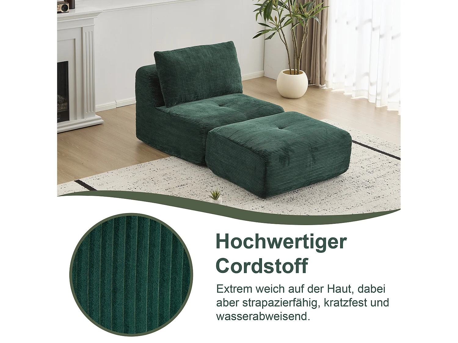 Canapé 1 place - velours côtelé - modulaire - convertible - 92x180x72 cm - vert