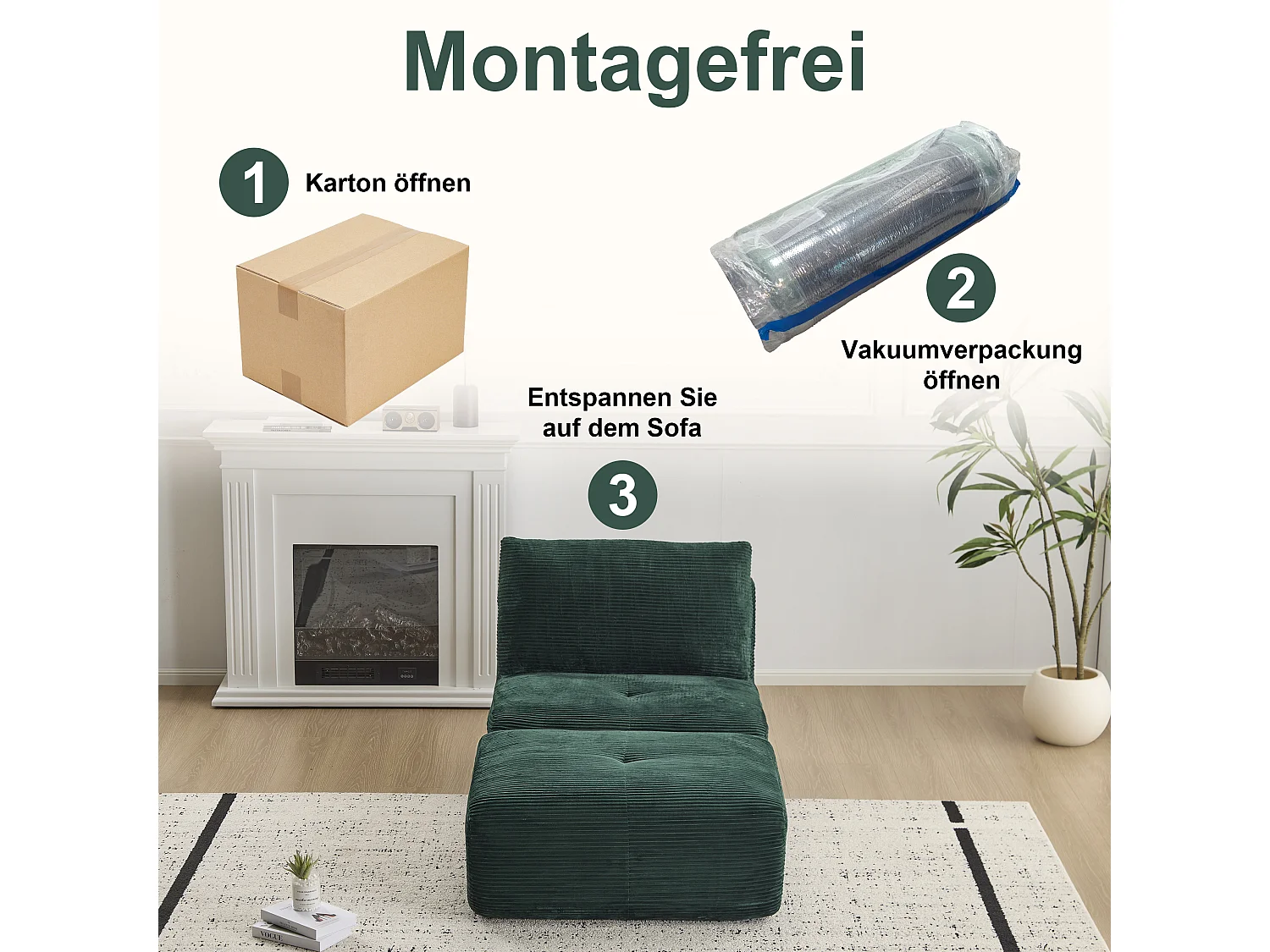 Canapé 1 place - velours côtelé - modulaire - convertible - 92x180x72 cm - vert