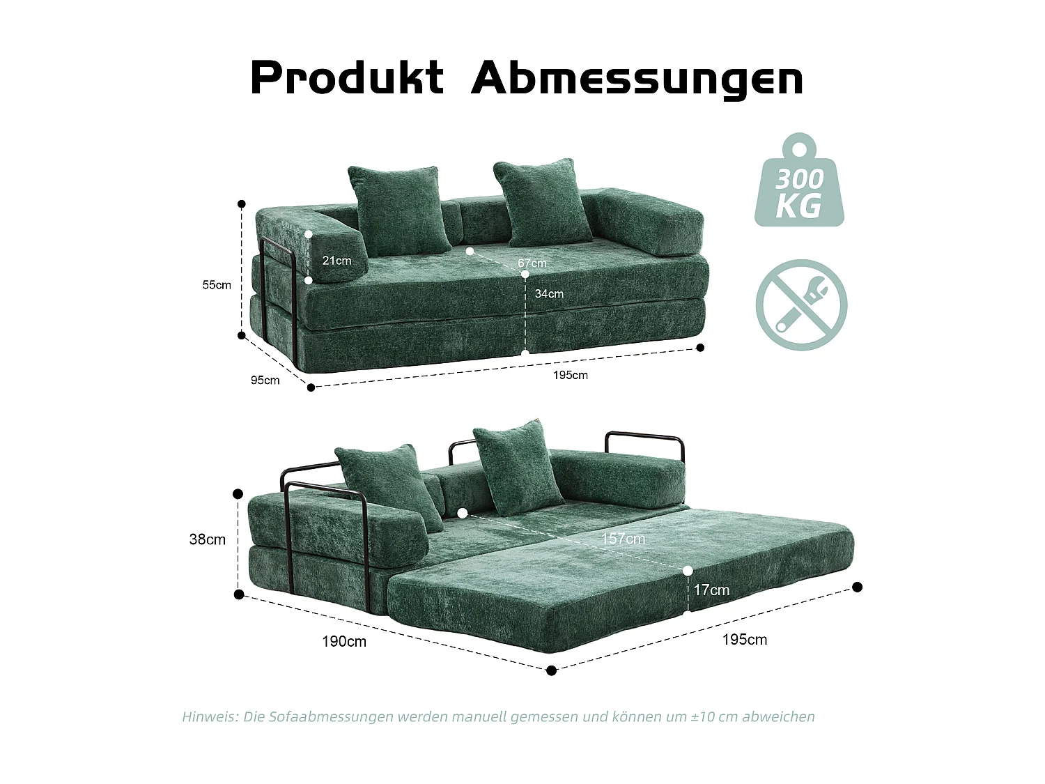 Canapé 2 places - chenille - modulable - convertible - 195x95x60 cm - vert foncé