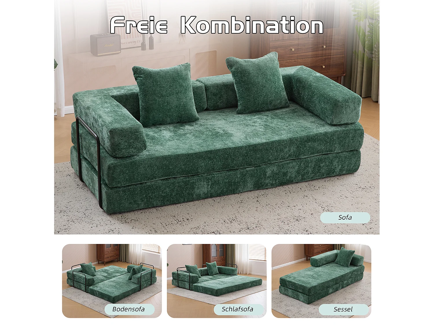 Canapé 2 places - chenille - modulable - convertible - 195x95x60 cm - vert foncé