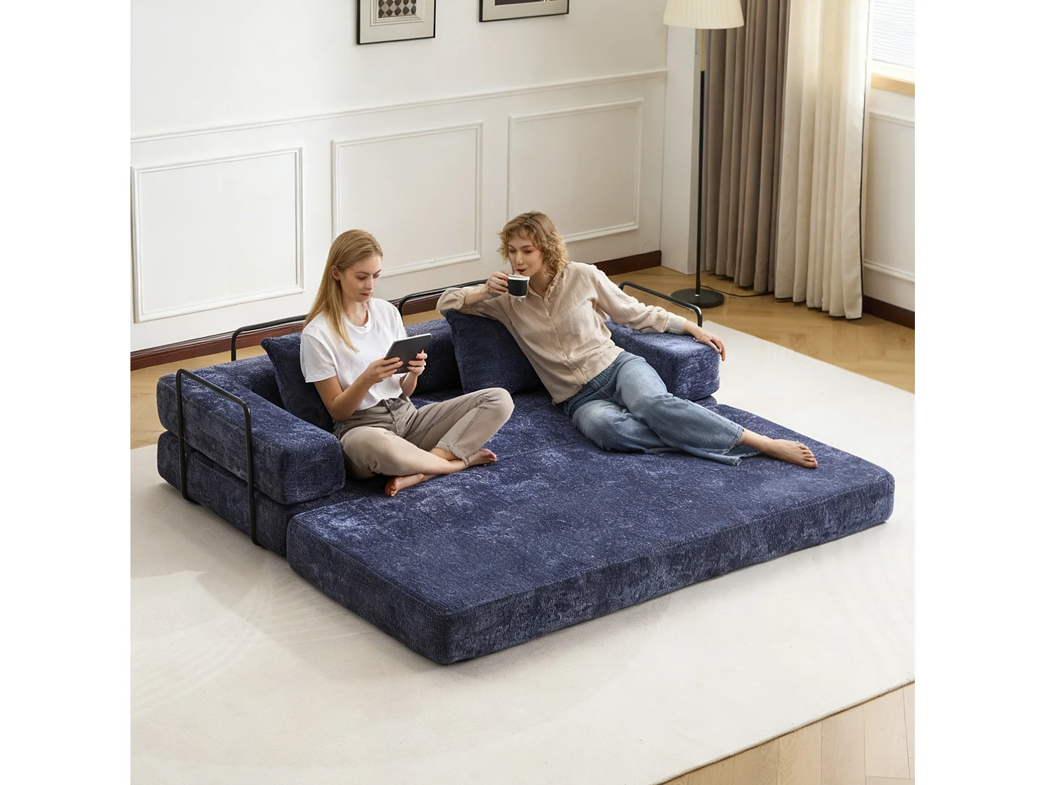 Canapé 2 places - chenille - modulaire - convertible - 195x95x60 cm - bleu foncé