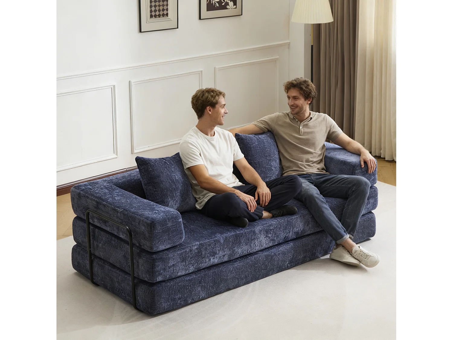 Canapé 2 places - chenille - modulaire - convertible - 195x95x60 cm - bleu foncé