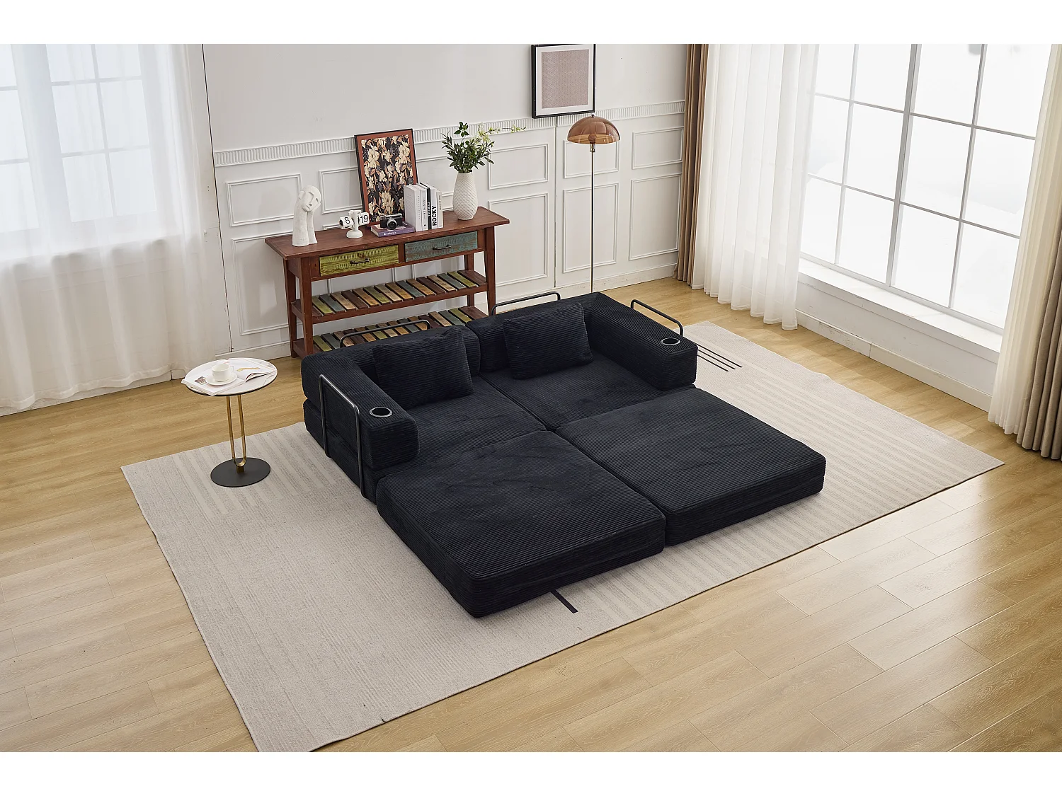 Canapé 2 places - velours côtelé - modulaire - convertible - 200x100x63 cm - noir