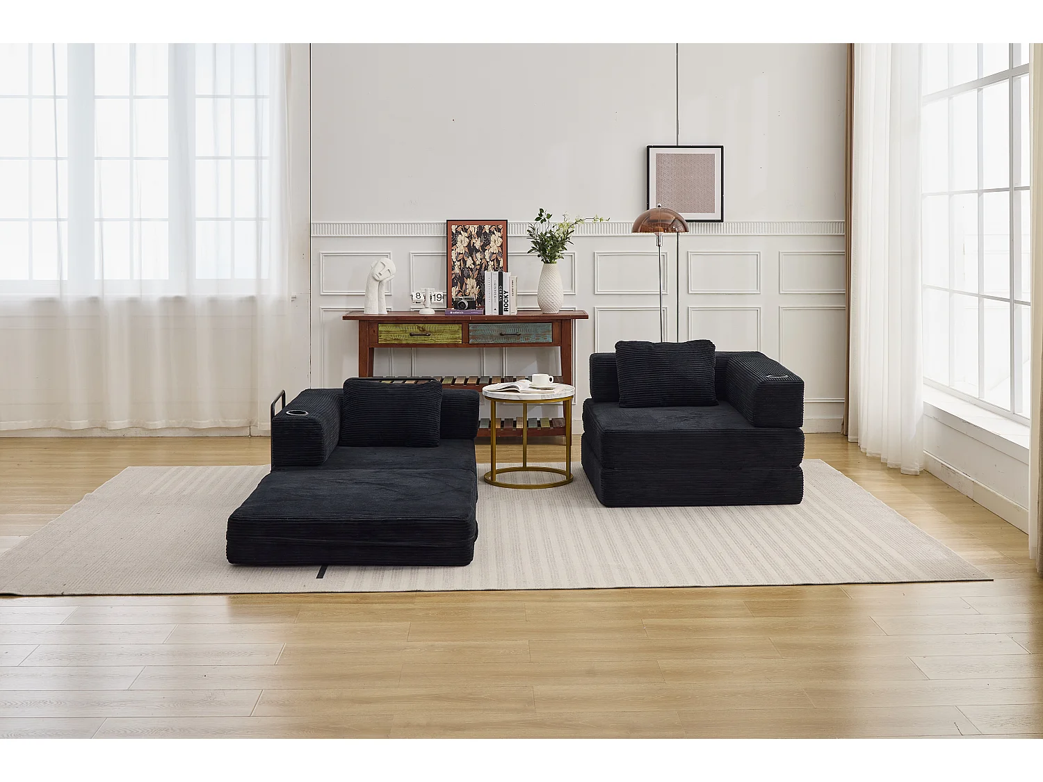 Canapé 2 places - velours côtelé - modulaire - convertible - 200x100x63 cm - noir