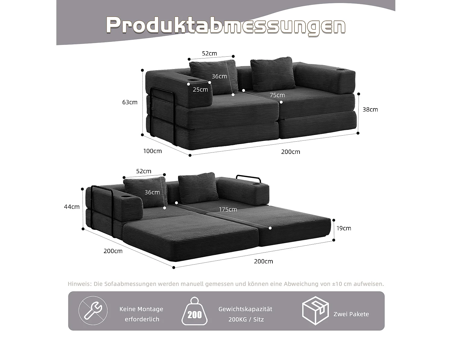 Canapé 2 places - velours côtelé - modulaire - convertible - 200x100x63 cm - noir