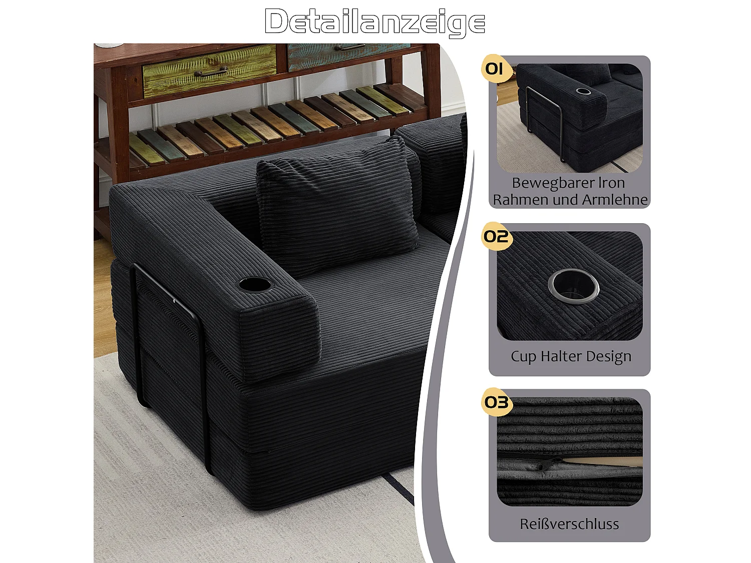 Canapé 2 places - velours côtelé - modulaire - convertible - 200x100x63 cm - noir