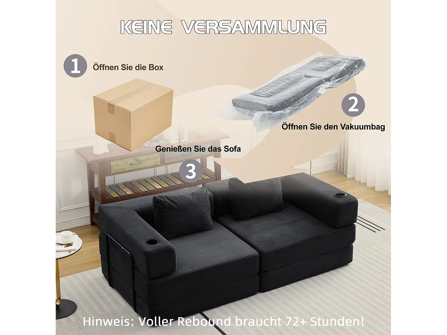 Canapé 2 places - velours côtelé - modulaire - convertible - 200x100x63 cm - noir