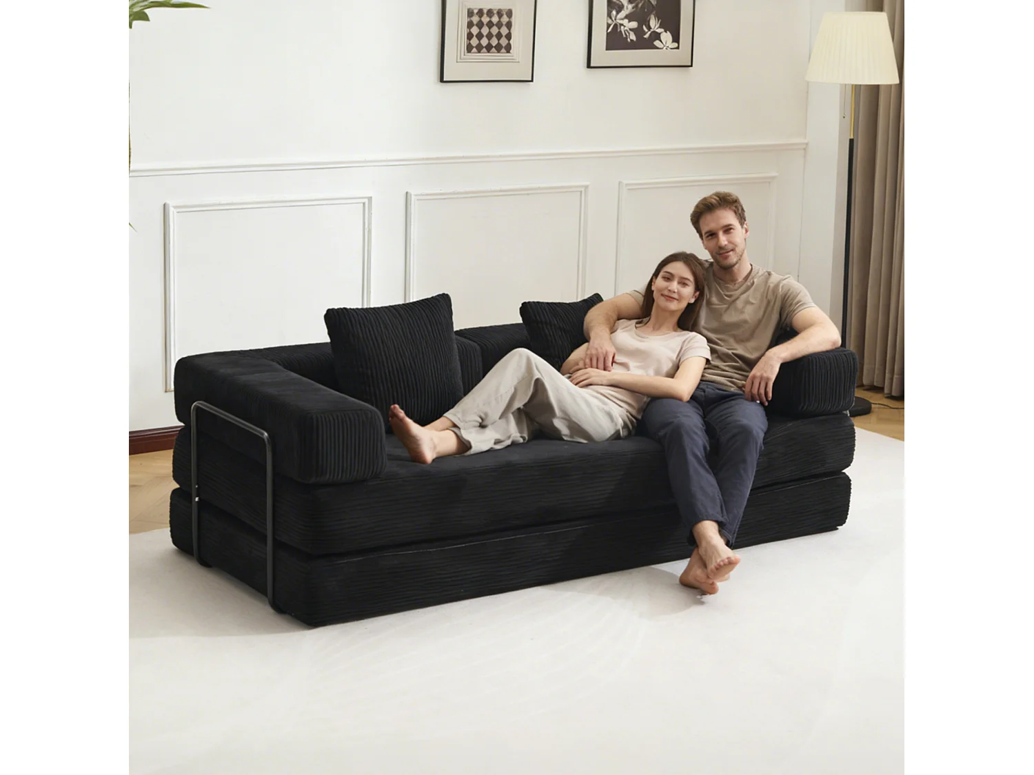 Canapé 2 places - velours côtelé - convertible - modulable - 195x95x60 cm - noir