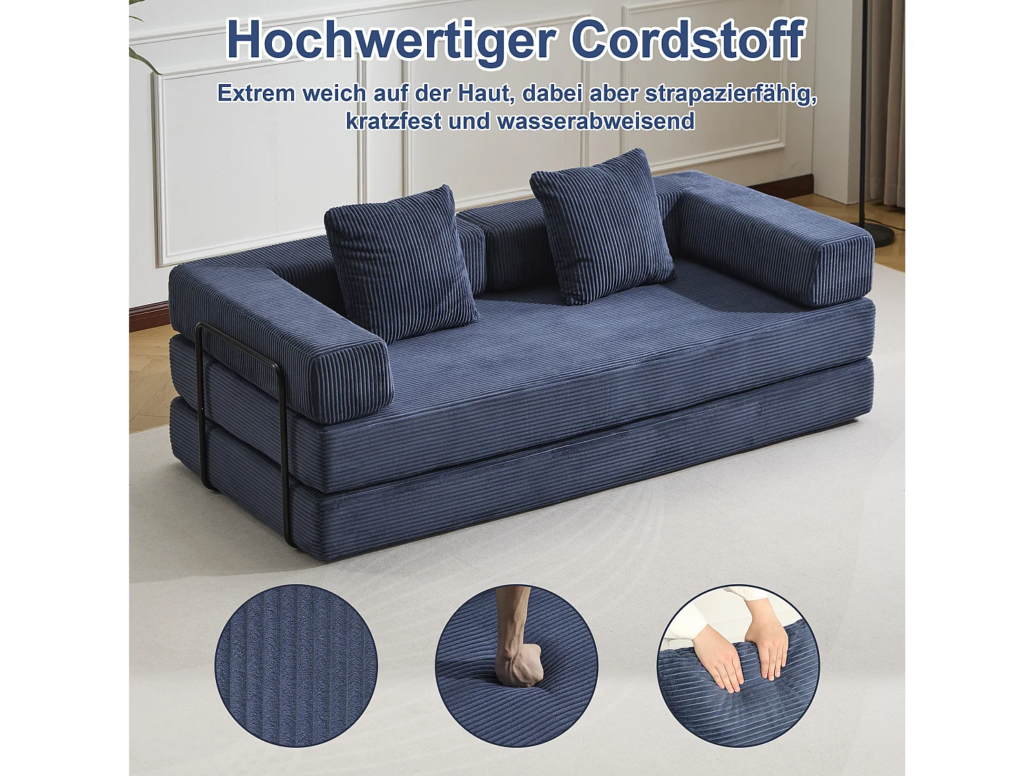 Canapé 2 places - velours côtelé - convertible - modulable - 195x95x60 cm - bleu foncé