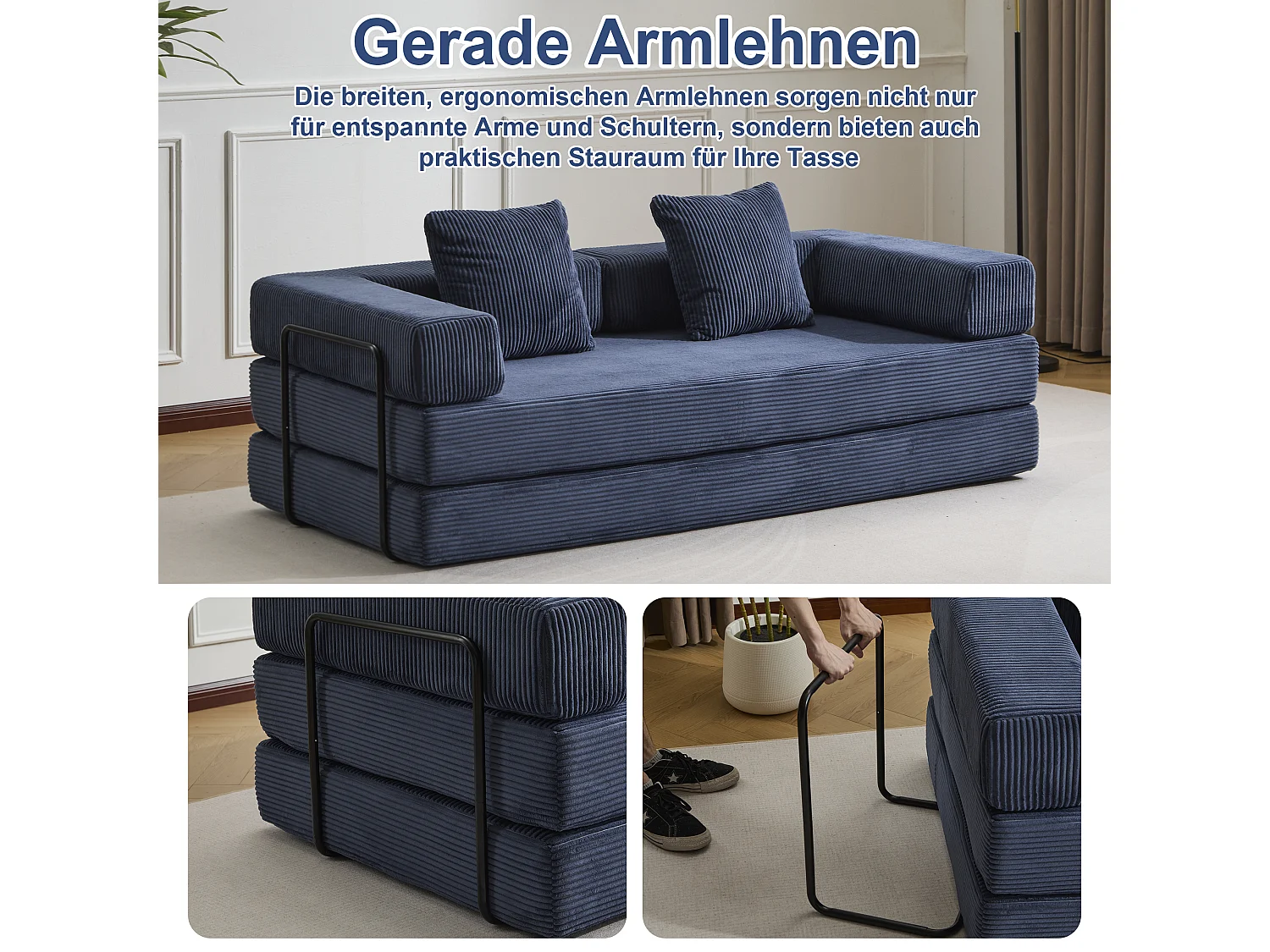 Canapé 2 places - velours côtelé - convertible - modulable - 195x95x60 cm - bleu foncé