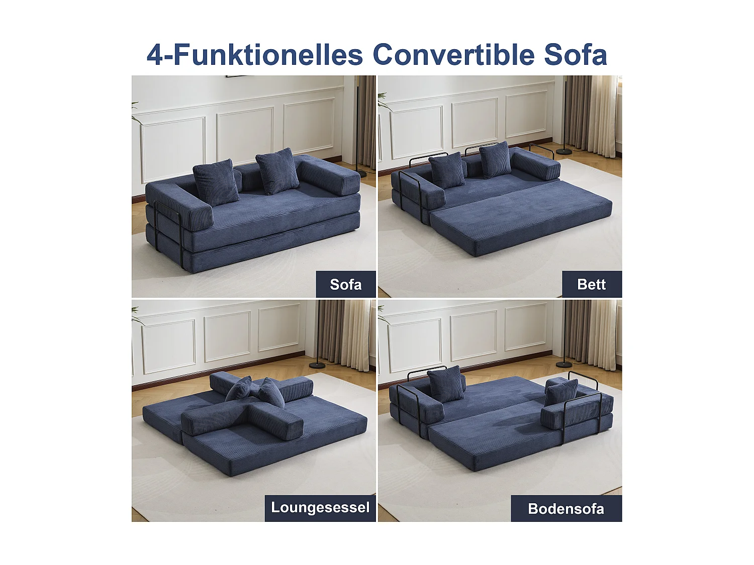 Canapé 2 places - velours côtelé - convertible - modulable - 195x95x60 cm - bleu foncé