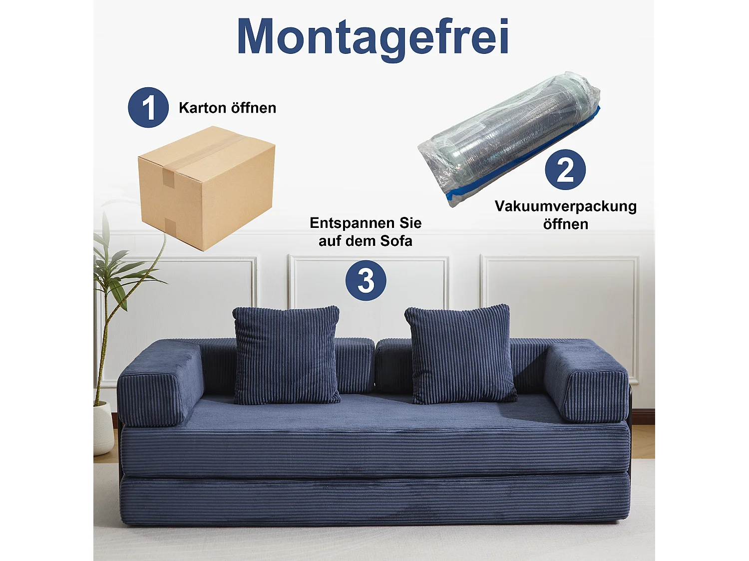 Canapé 2 places - velours côtelé - convertible - modulable - 195x95x60 cm - bleu foncé
