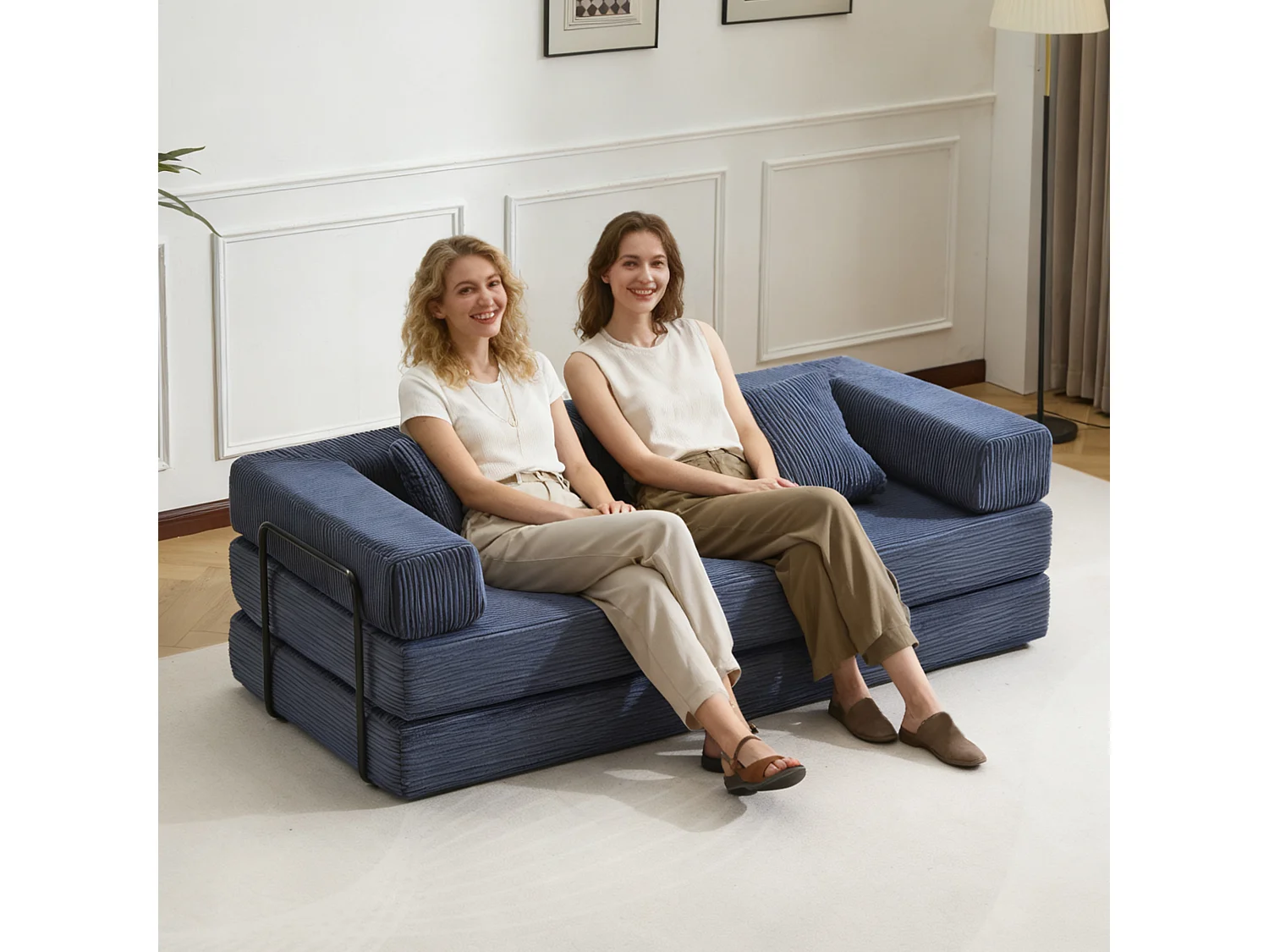 Canapé 2 places - velours côtelé - convertible - modulable - 195x95x60 cm - bleu foncé