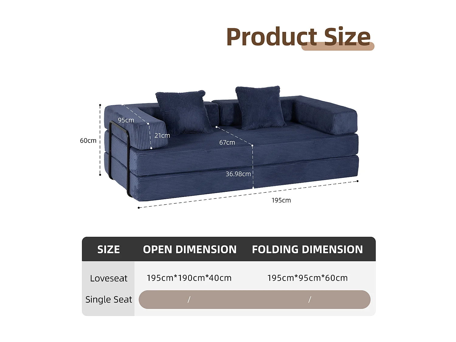 Canapé 2 places - velours côtelé - convertible - modulable - 195x95x60 cm - bleu foncé