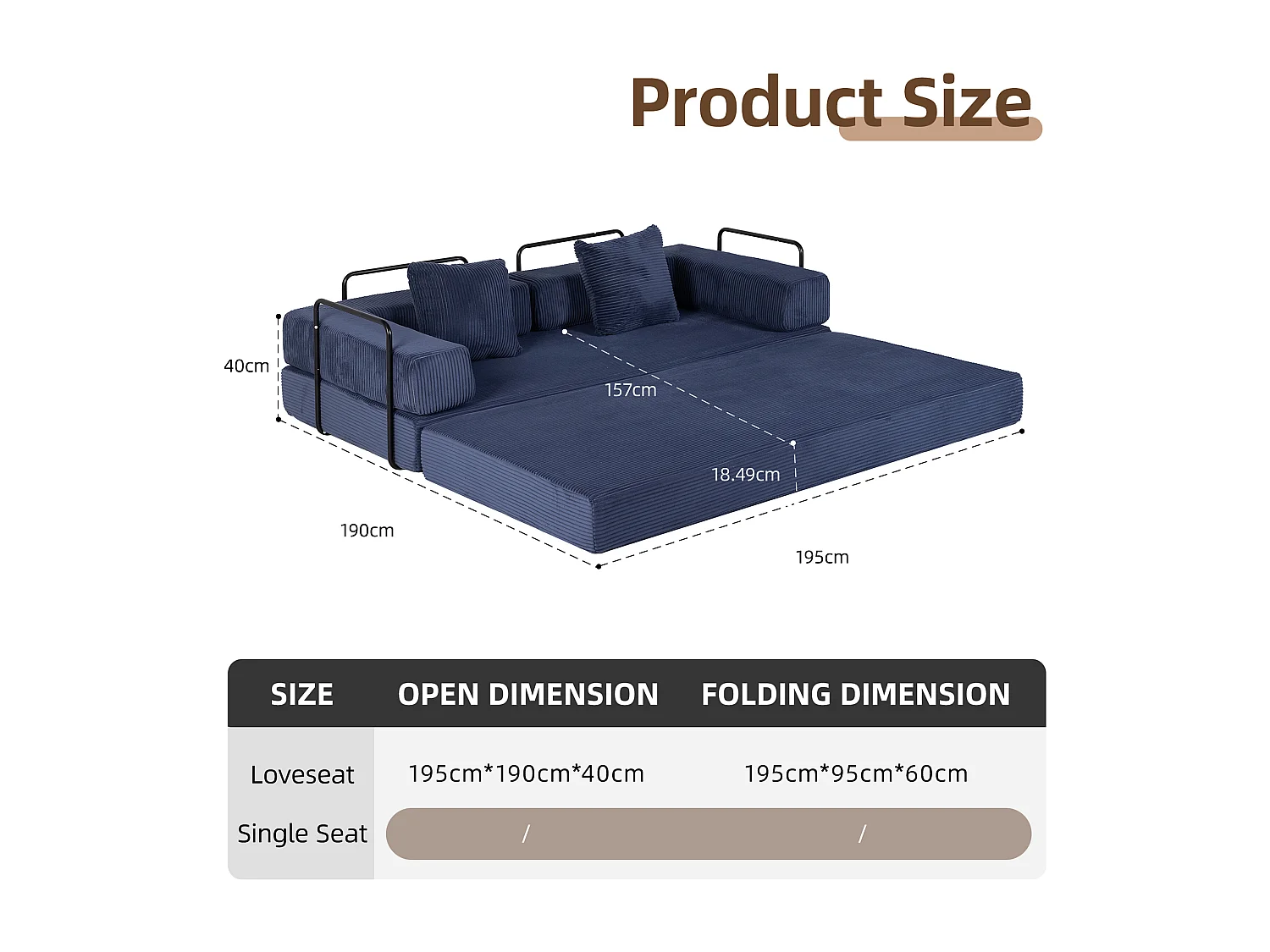 Canapé 2 places - velours côtelé - convertible - modulable - 195x95x60 cm - bleu foncé