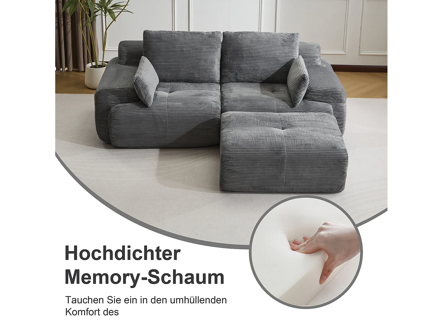 Canapé 2 places - velours côtelé - modulaire - convertible - 214x180x72 cm - gris