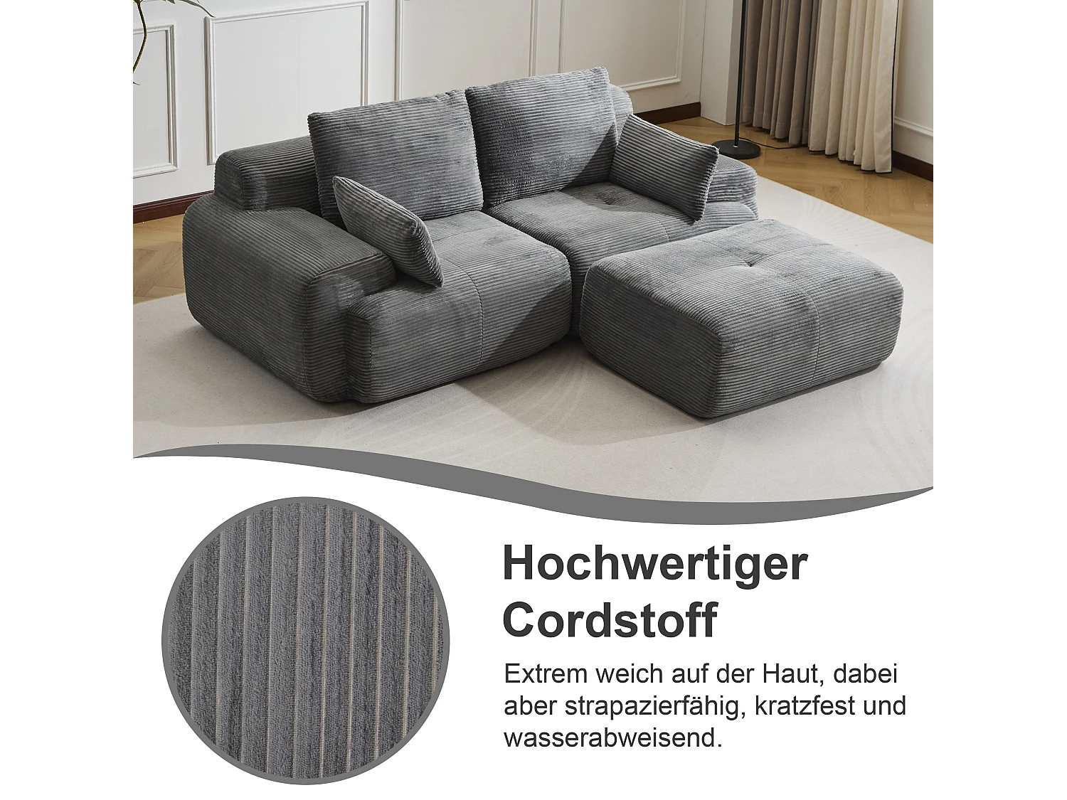 Canapé 2 places - velours côtelé - modulaire - convertible - 214x180x72 cm - gris