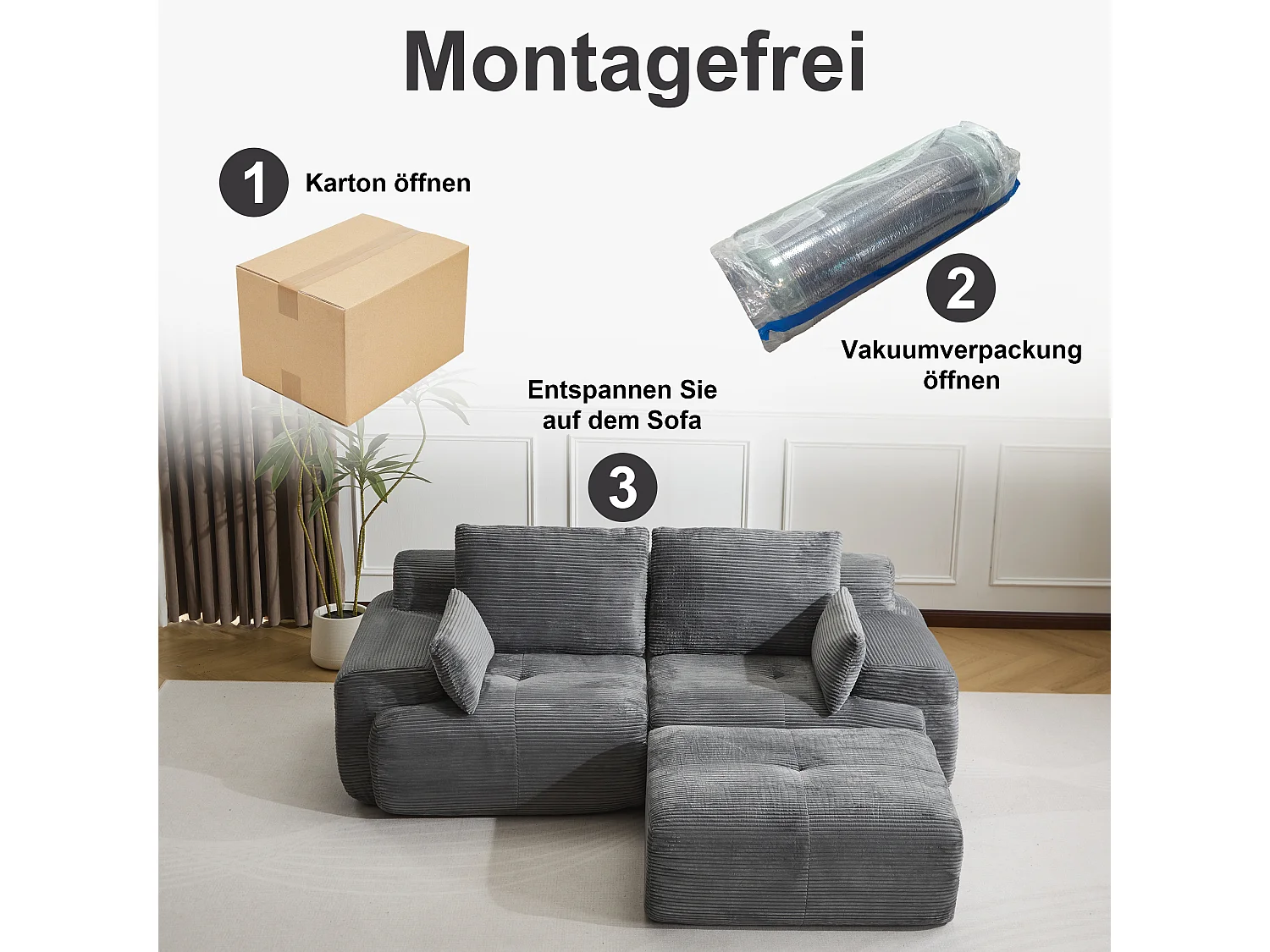 Canapé 2 places - velours côtelé - modulaire - convertible - 214x180x72 cm - gris