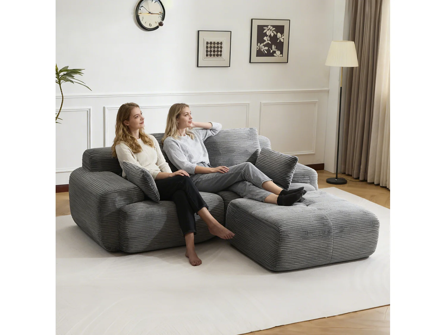 Canapé 2 places - velours côtelé - modulaire - convertible - 214x180x72 cm - gris