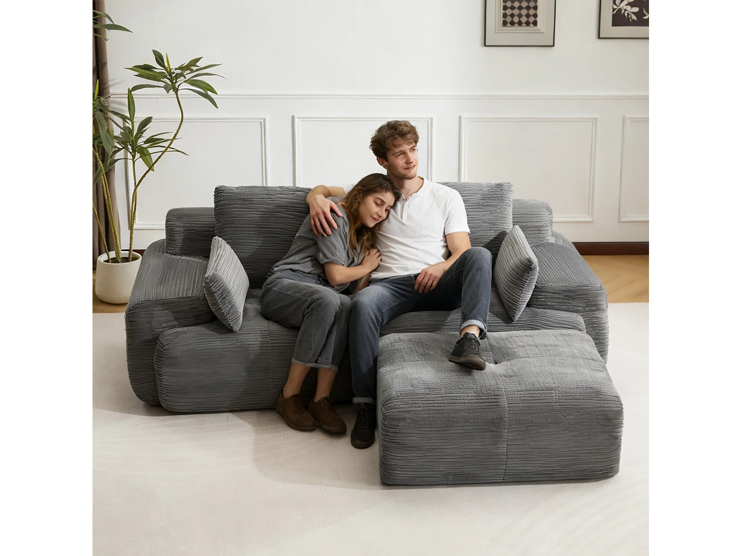 Canapé 2 places - velours côtelé - modulaire - convertible - 214x180x72 cm - gris
