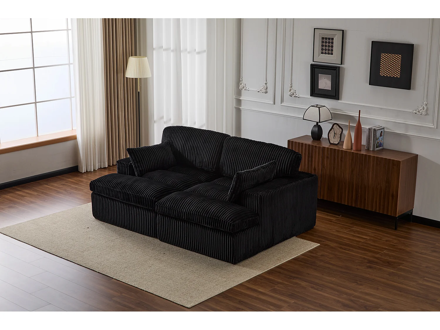 Canapé 2 places - velours côtelé - modulaire - convertible - 214x145x89 cm - noir
