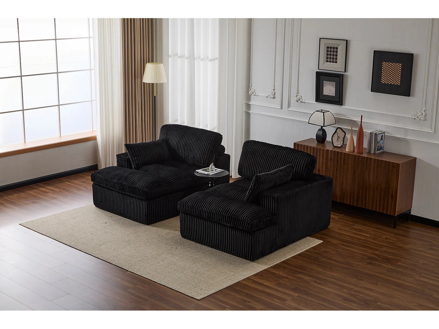 Canapé 2 places - velours côtelé - modulaire - convertible - 214x145x89 cm - noir