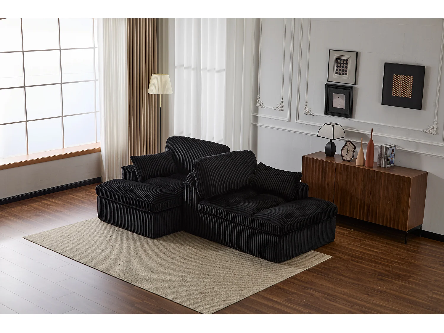 Canapé 2 places - velours côtelé - modulaire - convertible - 214x145x89 cm - noir