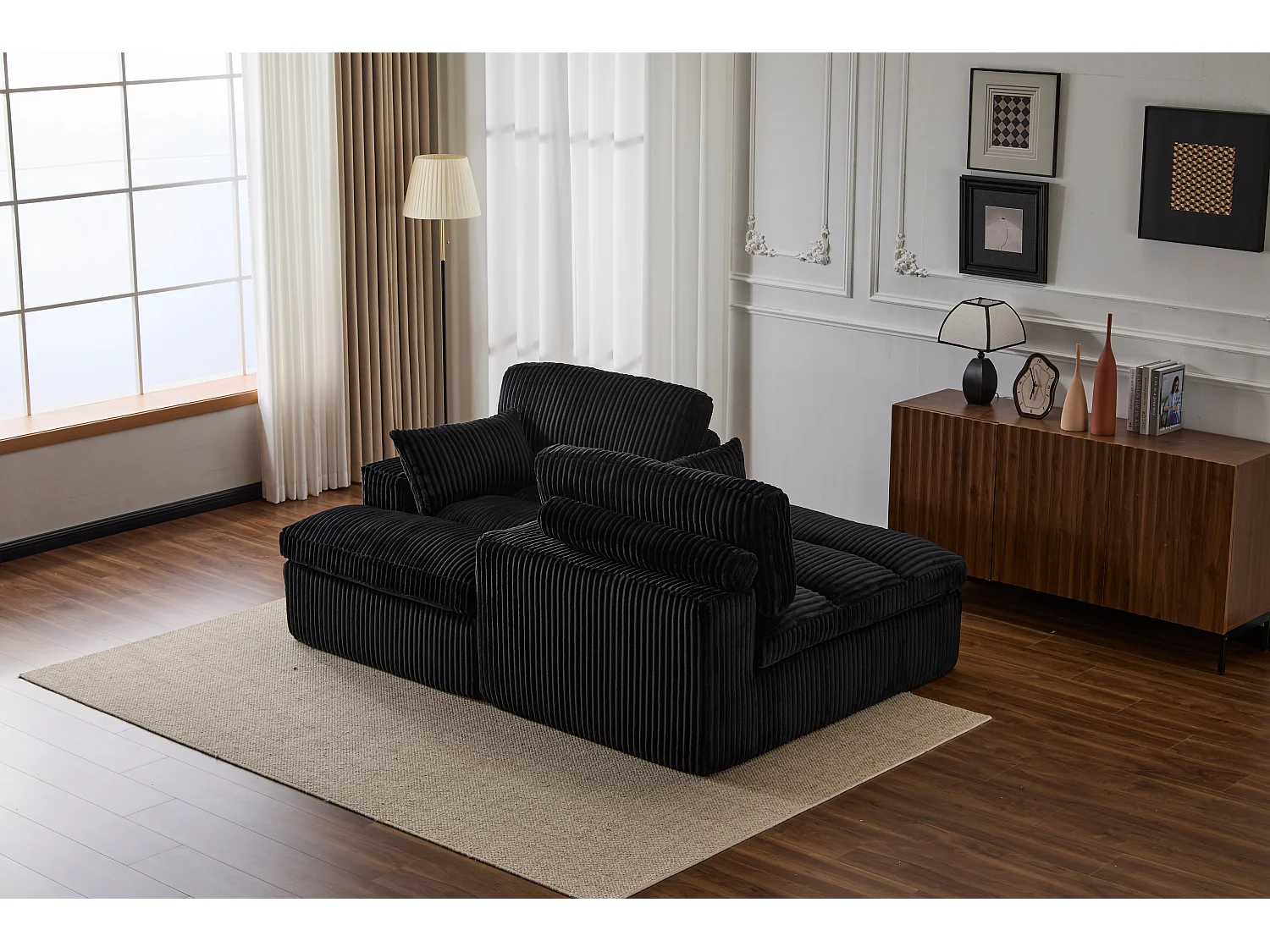 Canapé 2 places - velours côtelé - modulaire - convertible - 214x145x89 cm - noir