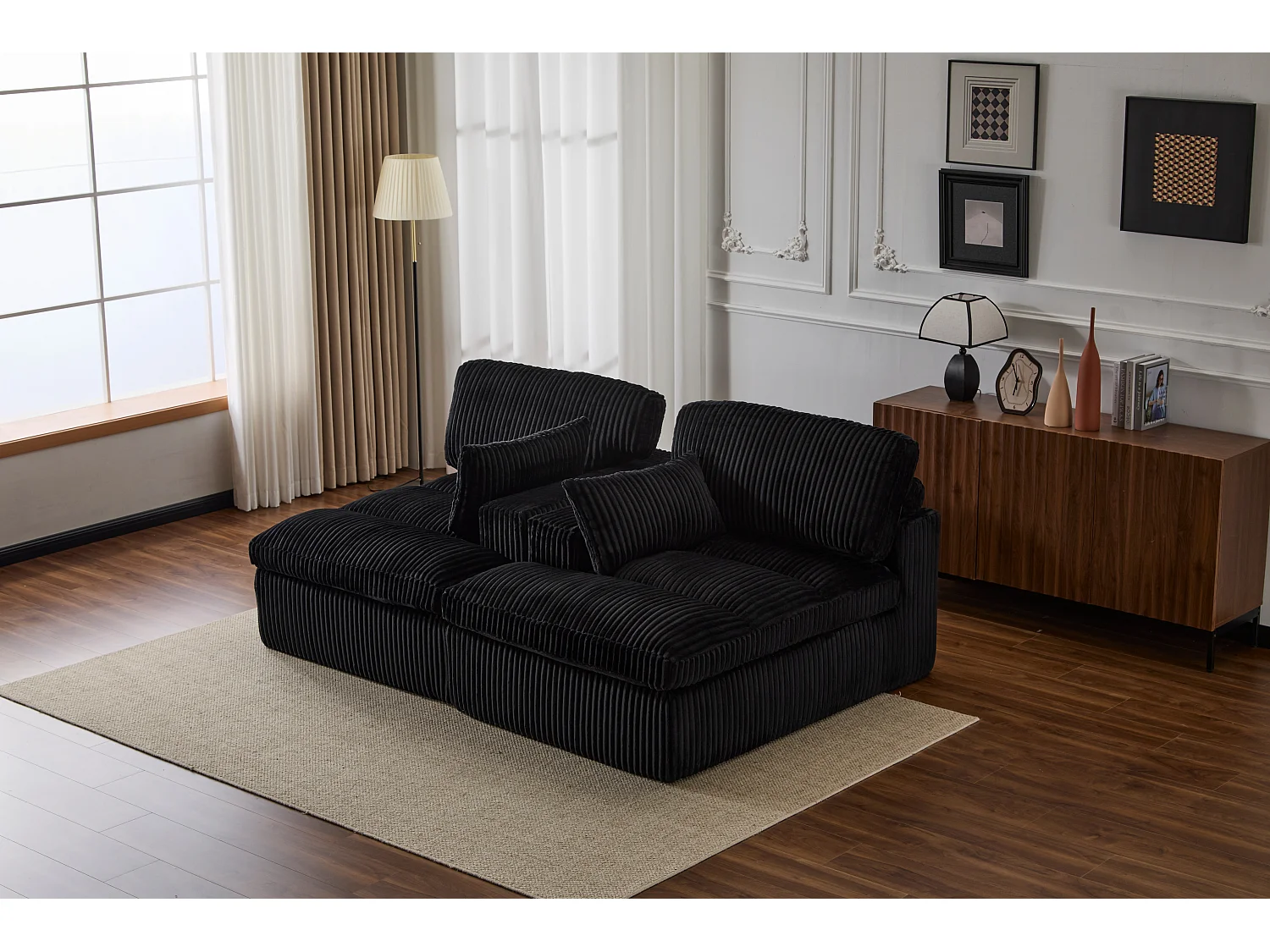 Canapé 2 places - velours côtelé - modulaire - convertible - 214x145x89 cm - noir
