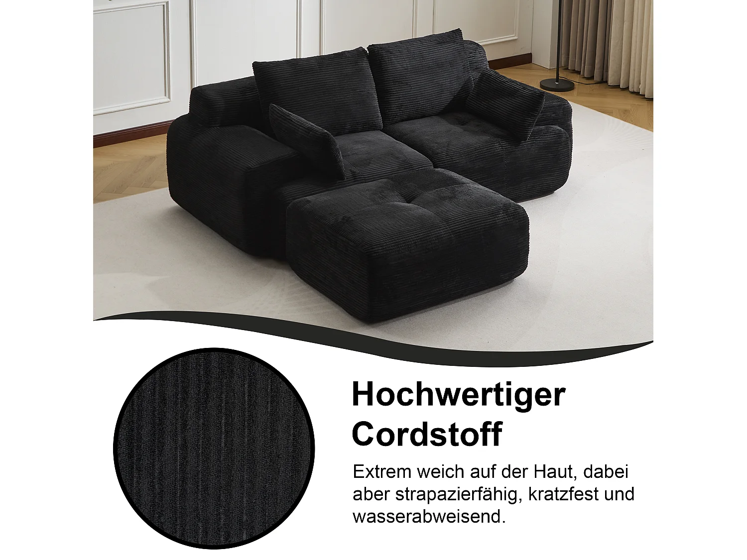 Canapé 2 places - velours côtelé - modulaire - convertible - 214x180x72 cm - noir