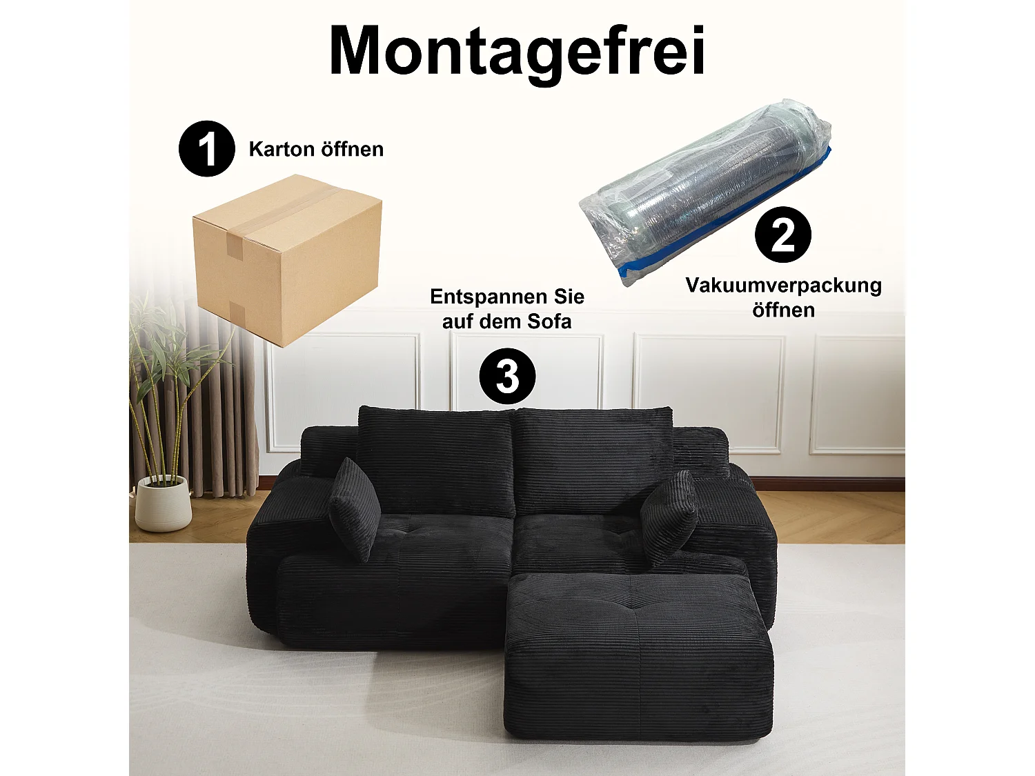 Canapé 2 places - velours côtelé - modulaire - convertible - 214x180x72 cm - noir
