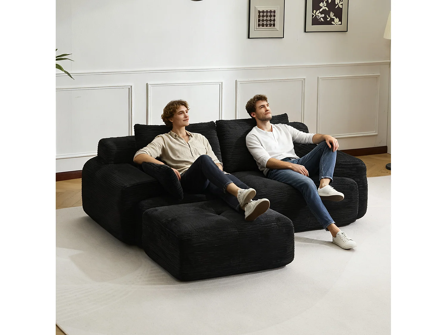 Canapé 2 places - velours côtelé - modulaire - convertible - 214x180x72 cm - noir