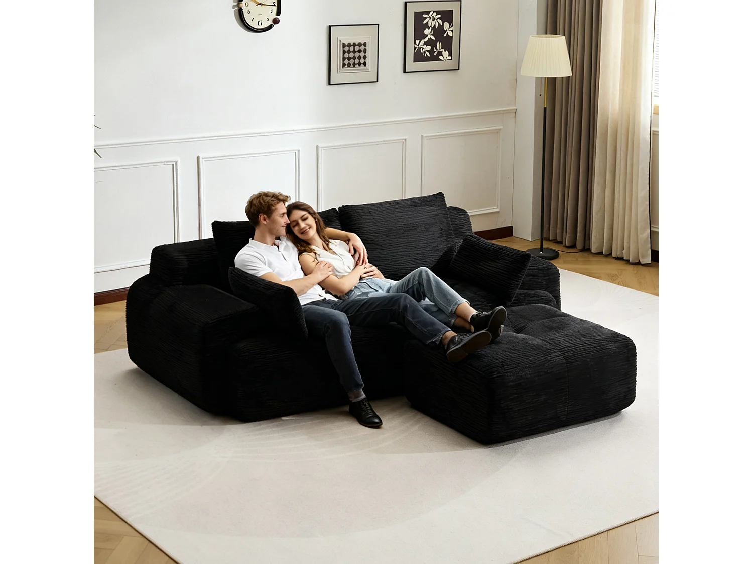 Canapé 2 places - velours côtelé - modulaire - convertible - 214x180x72 cm - noir