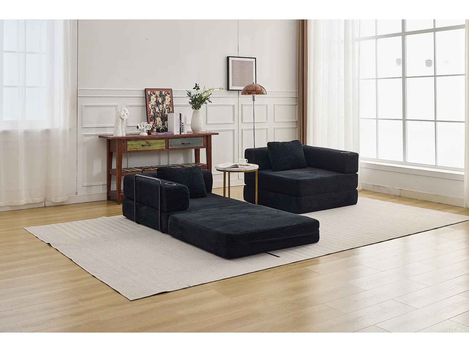 Canapé 2 places - velours côtelé - modulaire - convertible - 200x100x63 cm - noir