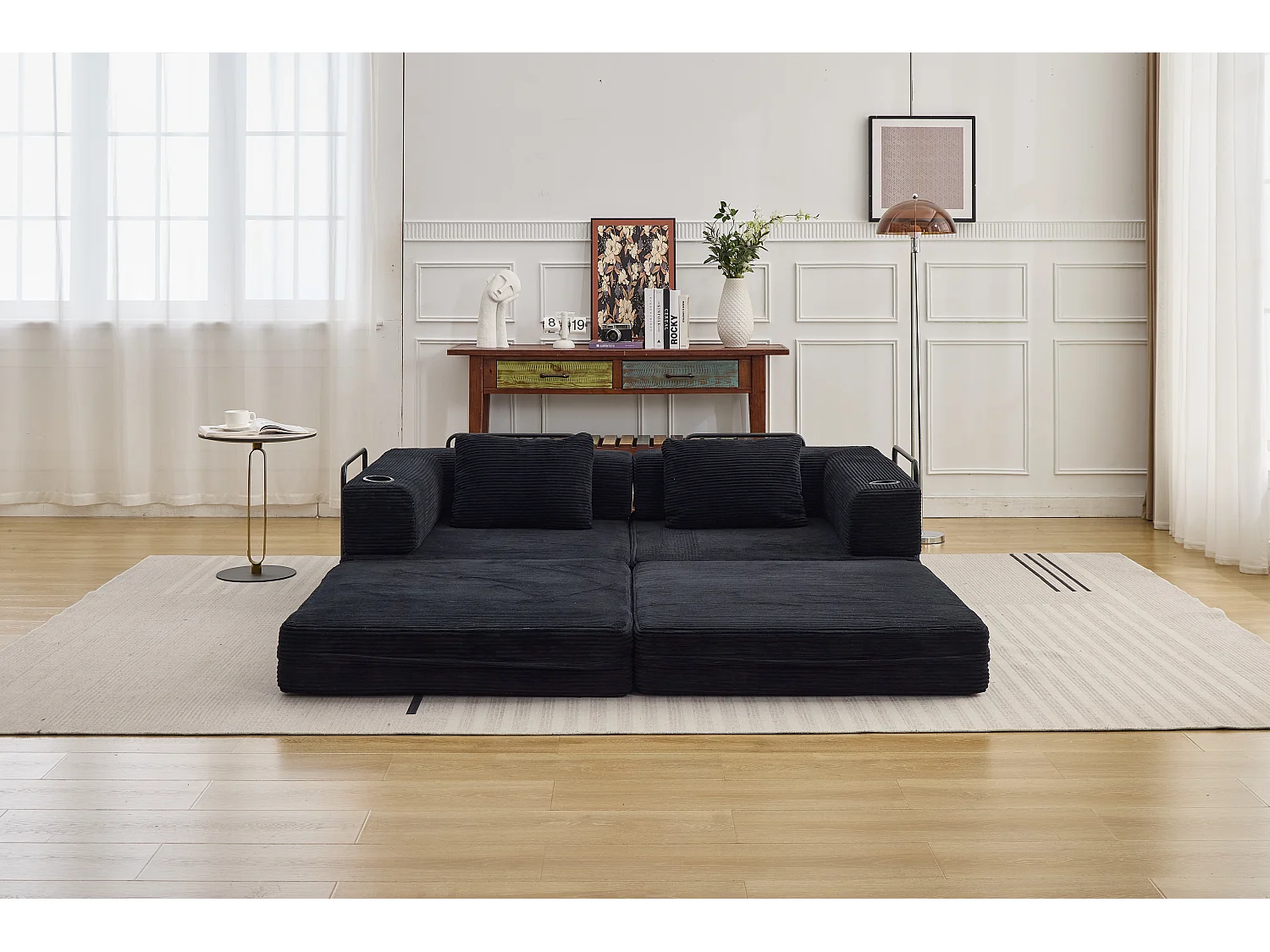 Canapé 2 places - velours côtelé - modulaire - convertible - 200x100x63 cm - noir