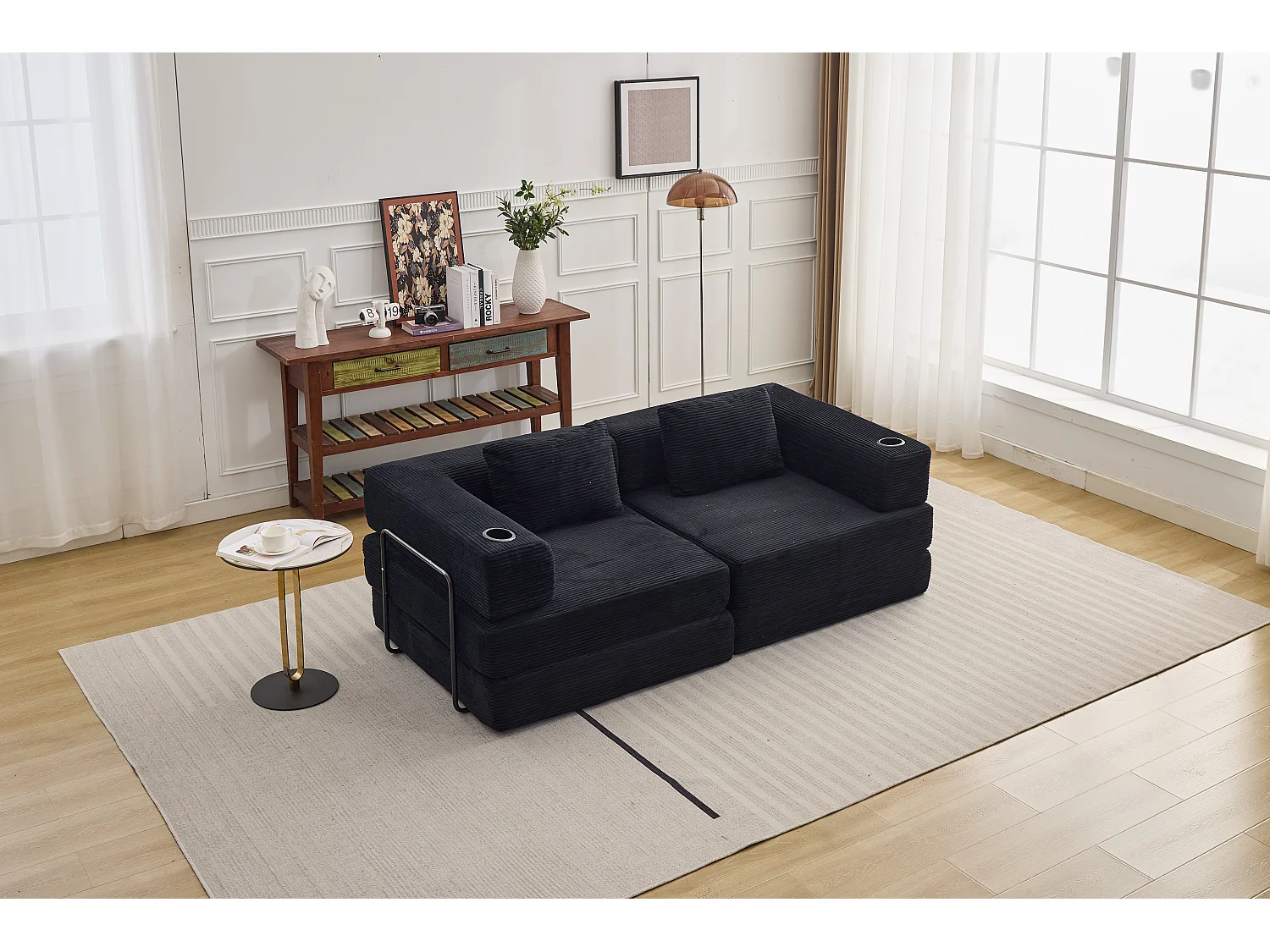 Canapé 2 places - velours côtelé - modulaire - convertible - 200x100x63 cm - noir