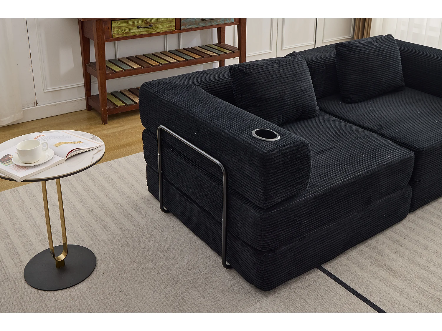 Canapé 2 places - velours côtelé - modulaire - convertible - 200x100x63 cm - noir