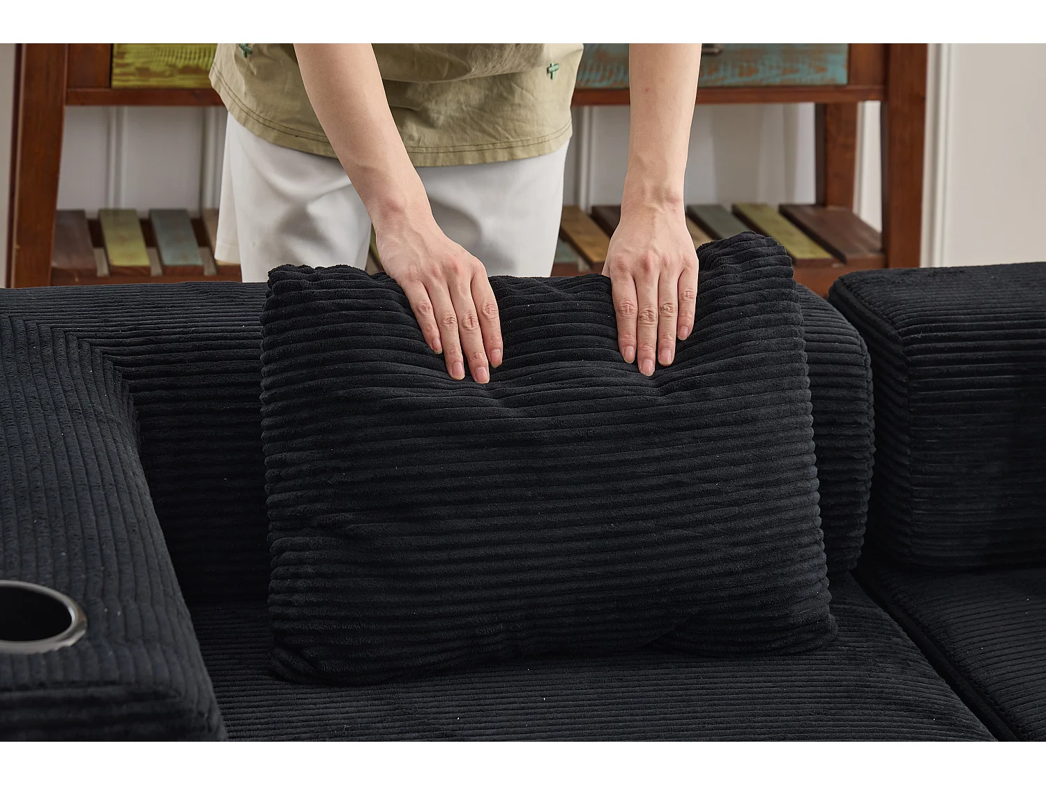 Canapé 2 places - velours côtelé - modulaire - convertible - 200x100x63 cm - noir