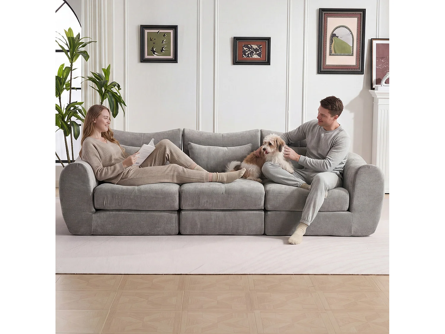 Canapé d’angle modulable 3 places, convertible, chenille, 262x97x78 cm, gris
