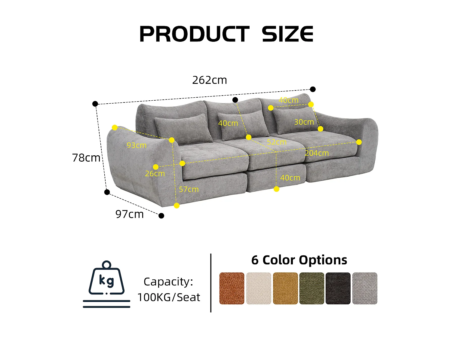 Canapé d’angle modulable 3 places, convertible, chenille, 262x97x78 cm, gris