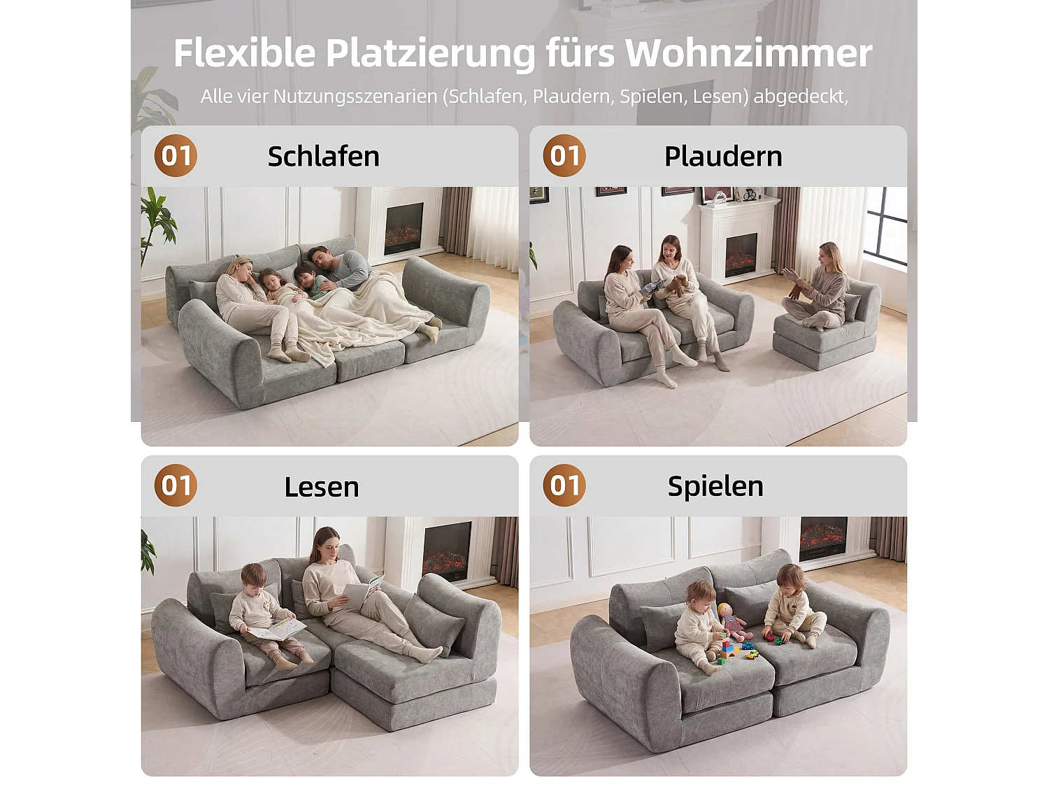 Canapé d’angle modulable 3 places, convertible, chenille, 262x97x78 cm, gris